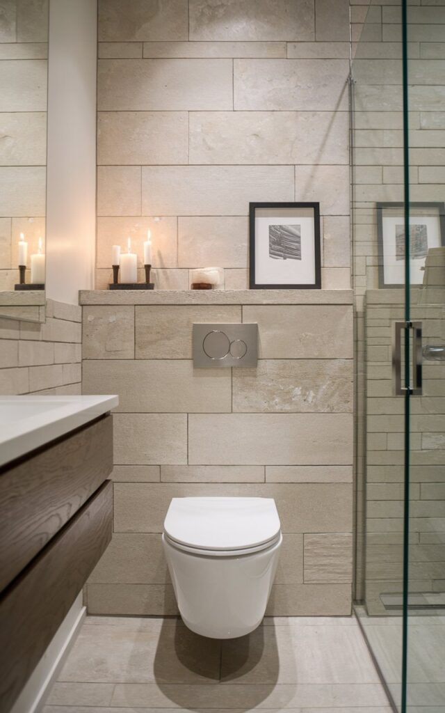 A photo of a small, stylish bathroom with a sleek, concealed-cistern toilet. The toilet has a modern silhouette and a wall-mounted dual-flush plate in brushed nickel. The wall behind the toilet is tiled in large-format neutral stone tiles, creating a seamless appearance. A narrow ledge created by the concealed tank wall holds candles, a small plant, or a framed print. The bathroom also features a floating wood vanity, a frameless mirror, and a walk-in glass shower, all of which maximize space and visual openness. The overall aesthetic is clean, minimalist, and space-efficient.