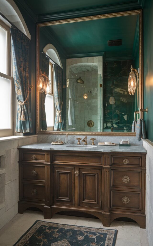 A photo of a small traditional full bathroom with a large mirror stretched across one entire wall. The mirror has an elegant gold frame with subtle ornate detailing. The vanity is made of dark wood and has marble countertops. There are brass fixtures on the vanity. The walls have a deep emerald color and feature natural stone accents. The space has a shower area, curtained windows, and a floor rug. The lighting is soft and warm, coming from vintage-inspired sconces.