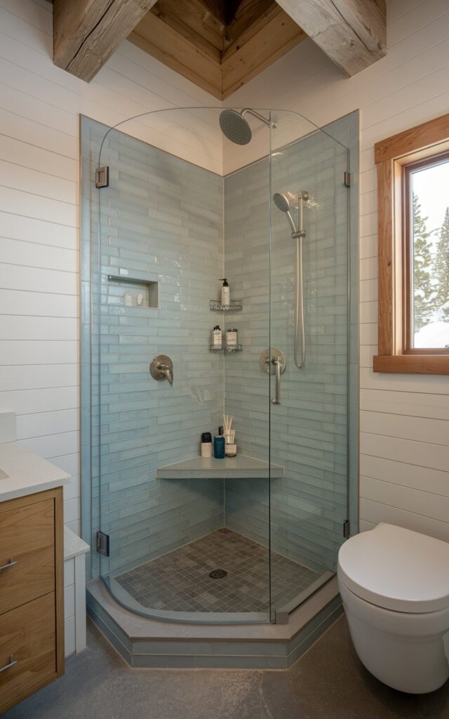 A photo of a small yet luxurious bathroom blending coastal serenity with alpine warmth. In the corner, a compact glass shower unit with soft, curved edges is framed in brushed nickel, creating a light and airy footprint. The interior features stacked sea-glass blue tiles paired with matte stone flooring, a rainfall showerhead, a shower caddy with essentials, a sleek teak shower bench, and minimalist fixtures. Around the space, white shiplap walls meet warm pine ceiling beams, while a window framed in driftwood overlooks a snowy pine landscape. The bathroom also has a sleek vanity and a floating toilet. The natural light is soft.