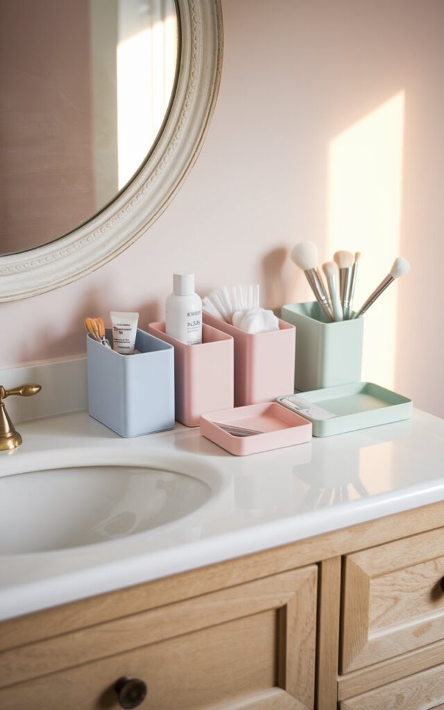 A photo of a feminine bathroom vanity with a clean white countertop and light wood cabinetry, styled in a gentle mix of modern and cottage charm. On top of the vanity, a few pastel-colored organizers—powder blue, blush pink, and soft mint—hold everyday essentials like skincare bottles, cotton pads, and makeup brushes. Each organizer has a simple, matte finish that complements the delicate tones without overpowering the space. Above the counter, a round mirror with a whitewashed frame reflects warm natural light. The overall scene feels fresh, tidy, and uplifting—like your morning routine just got a sweet little makeover.