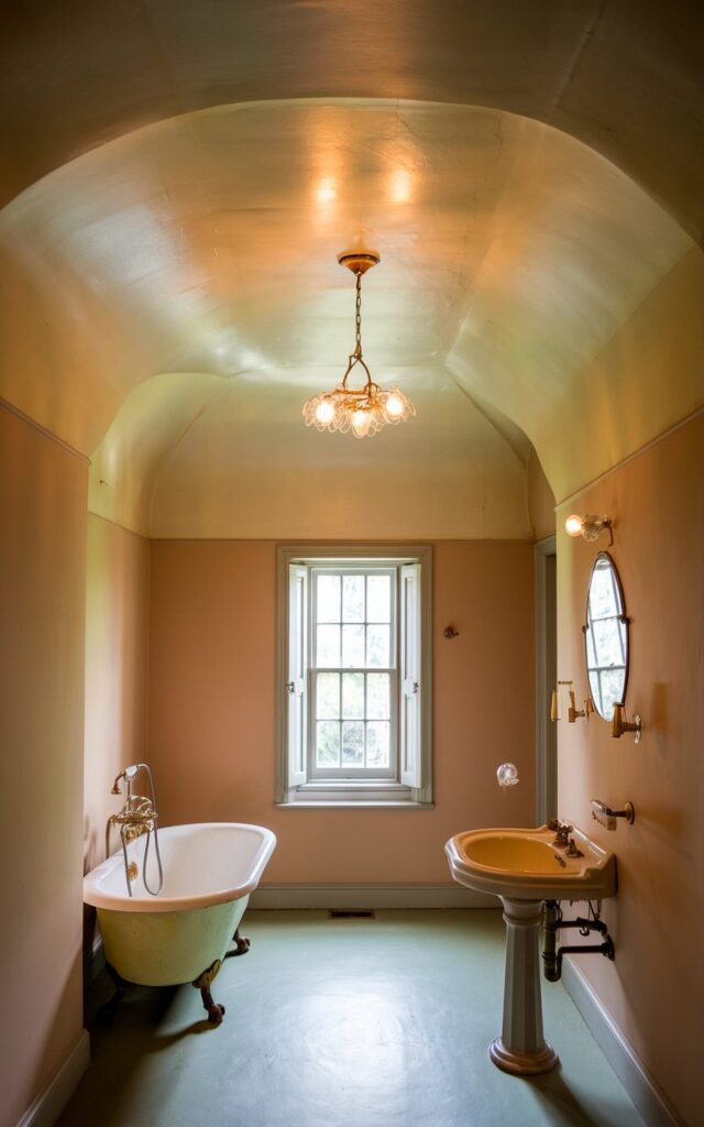 A photo of a vintage bathroom with a soft light. The room has a ceiling painted in a warm, creamy ivory color. There is a small vintage chandelier with lights on, which gently reflects natural light. The room has a subtle hue that brings warmth and elegance to the space. The room has soft pastel walls. Below the ceiling, there is a clawfoot tub, a pedestal sink, and antique brass fixtures that add timeless charm. The ivory ceiling creates a cocoon-like effect—inviting, serene, and slightly romantic—making the entire room feel like a cozy, lived-in retreat from another era.