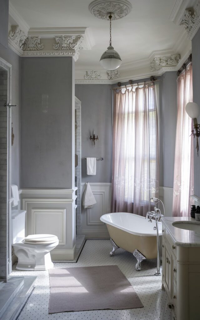 A photo of a sophisticated European-style bathroom with soft gray walls and a subtle matte finish. The room features ornate white crown molding and classic wainscoting. A vintage-inspired clawfoot tub, polished chrome fixtures, and a marble countertop complete the look. Soft natural light filters through sheer curtains, highlighting elegant details and creating a serene atmosphere. The bathroom contains a toilet, shower area, floor rug, and a ceiling pendant light.