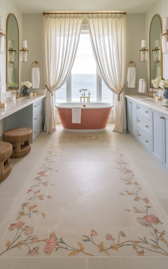 A photo of a modern regal coastal bathroom with a soft neutral stone floor. The floor is bordered with delicate floral-patterned marble inlays, forming a subtle botanical motif in shades of pearl white and soft coral. The flooring contrasts elegantly with a freestanding tub in a glossy white finish, placed beneath sheer curtains billowing at a sea-facing window. Brushed gold fixtures, arched mirrors, and light blue cabinetry add regal notes, while natural textures like woven baskets and sea grass stool balance the coastal warmth. The floral marble detailing feels artful, timeless, and gently luxurious.