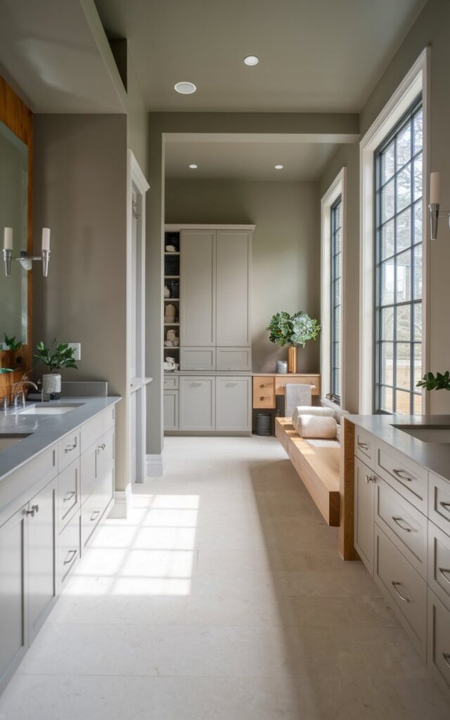 A photo of a spacious, open-plan bathroom painted in a sophisticated greige tone. The room has sleek, modern cabinetry with soft gray finishes, warm wood accents, and natural stone countertops. The room features clean lines and large windows that flood the space with natural light. The room also has minimalist fixtures in brushed nickel, plush textiles, and greenery.