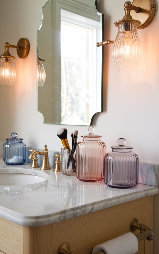 A photo of a bathroom with a charming vanity. The vanity has a smooth marble countertop and a light wood base. Above the vanity is a scalloped-edge mirror, flanked by two elegant wall sconces with warm, diffused light. On the counter, 2-3 tinted ribbed glass jars in hues of blue, amber, and rose pink are neatly arranged in a row—one holding cotton pads, another with makeup brushes, and a third left open as a decorative accent. The soft glow from the sconces highlights the delicate colors of the jars.