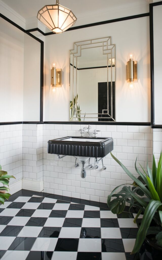 A photo of an Art Deco-inspired bathroom with a bold black-and-white contrast. The floor is covered with glossy black and white checkerboard tiles. The walls are white and are outlined with sleek black trim. There is a pedestal sink with fluted edges and chrome fixtures. It sits beneath a vintage-inspired mirror with a geometric frame. Gold sconces and a statement deco pendant light add a luxe sparkle. There are also a few plants in the room.