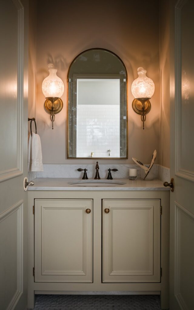 A photo of a stylish bathroom that blends vintage charm with modern simplicity. The bathroom features two small frosted hand-painted glass sconces flanking a classic mirror above a sleek yet timeless vanity. The sconces have antique brass bases, paired with softly glowing frosted shades that cast a warm, flattering light. The mirror is slightly arched or framed in aged gold, while the vanity combines clean lines with vintage-inspired hardware. The walls are painted in a muted neutral tone, and subtle details like a marble countertop or patterned floor tile complete the look. The vanity and bathroom are fully furnished.
