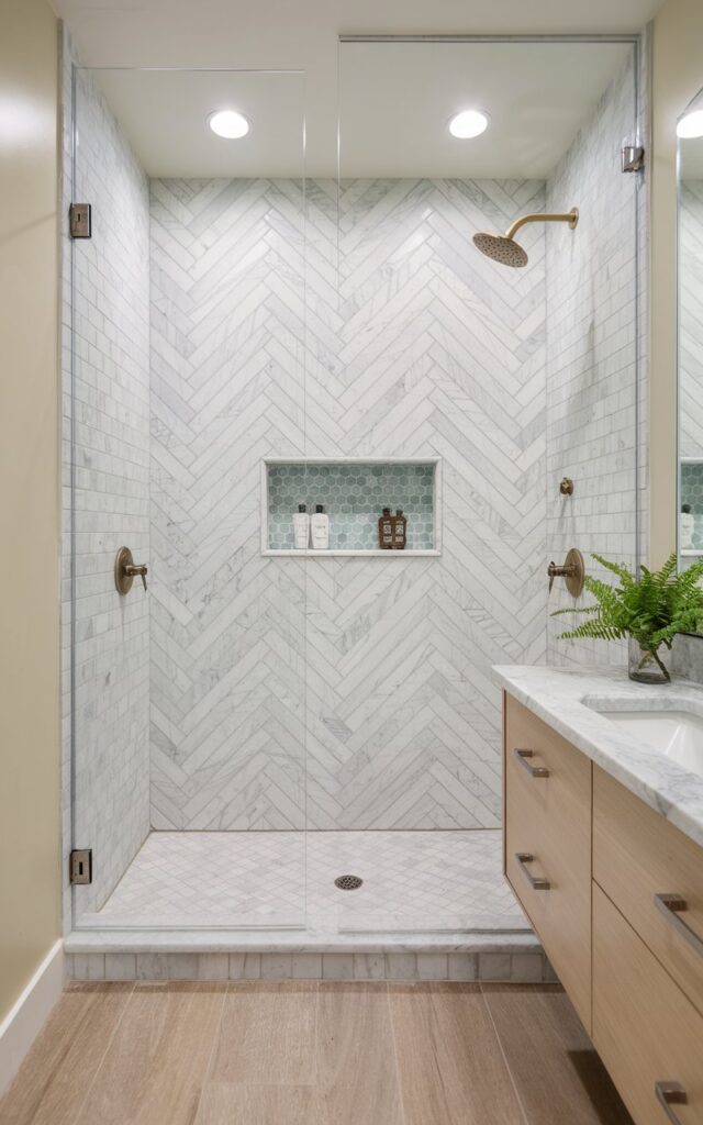 A photo of a full bathroom with a feature shower wall covered in marble mosaic tiles laid in a precise chevron pattern. The chevron adds dynamic texture and movement, with light catching on the angled cuts of the stone. The marble mosaics are soft white with hints of dove gray veining, creating a gentle contrast. Frameless glass panels enclose the shower, allowing the intricate pattern to remain the focal point. The shower area has a unique niche in turquoise blue tiles with shampoo bottles, a shower caddy, brushed brass rainfall shower head, recessed LED ceiling lights, etc. The rest of the bathroom is clean and minimal, with soft beige walls, a floating vanity in light oak wood, wooden floor, and brushed nickel fixtures. A small potted fern on the vanity brings a touch of green to the serene space.