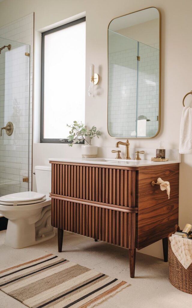 A photo of a mid-century modern bathroom with a rich walnut tambour panel vanity. The vanity has distinctive vertical slats, adding texture and warmth. It features a smooth, curved edge and tapered legs. Complementing the walnut, the space includes a matte white countertop, brass hardware, and a large frameless mirror. Natural light filters softly through a nearby window. The surrounding space contains a toilet, a shower area, a floor rug, and a storage basket with essentials.