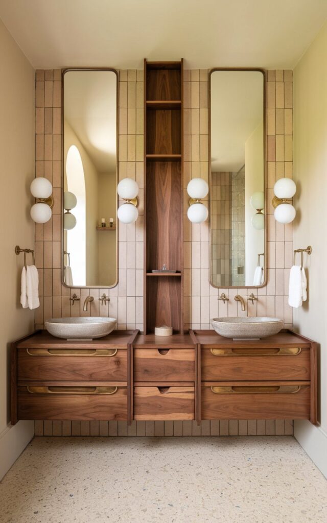 A photo of a mid-century modern ensuite bathroom with a luxe twist. There is a floating double vanity made of rich walnut wood with smooth, rounded edges. Between the two vessel sinks, there is a tall, narrow linen tower made of matching walnut with brass hardware. The tower has both open shelves and closed drawers. It is perfectly centered and integrated into the vanity design, adding symmetry and functional elegance. The walls are painted in a warm off-white, with an accent wall of vertical tile in soft terracotta behind the vanity. Gold globe sconces flank the mirrors, and terrazzo flooring with subtle flecks adds visual interest. The space feels curated, warm, and effortlessly sophisticated.