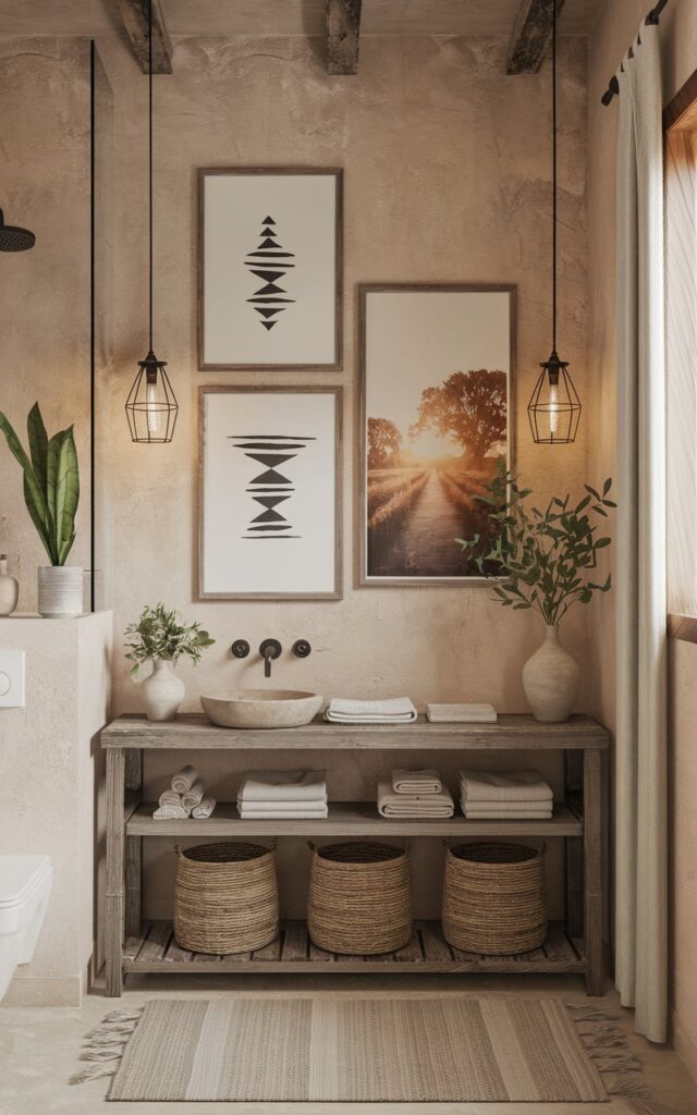 A photo of a traditional Boho minimalistic bathroom. There are two framed minimal tribal artworks and one countryside-inspired artwork on a warm, textured wall. The frames are simple wood or black metal. The bathroom has a rustic wooden vanity with clean lines, woven baskets for storage, and soft linen textiles. There are handcrafted pottery and greenery accents. The bathroom has a toilet, shower area, floor rug, pendant lights, and a curtained window.