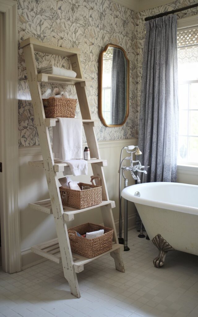 A photo of a traditional meets French Country bathroom. There is a charming, weathered wooden ladder repurposed as a leaning shelf rack beside a freestanding clawfoot tub. The ladder is lightly distressed in a soft cream, with towels draped over the rungs and woven baskets with essentials nestled on makeshift plank shelves. The backdrop features floral wallpaper, adding a delicate, vintage touch. Accents like a lace-trimmed curtain, antique-style fixtures, and a gold-framed mirror bring romantic countryside charm to this effortlessly elegant storage idea.