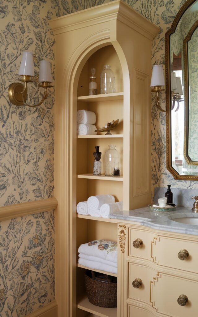 A photo of a traditional-style bathroom with a slim, built-in wooden shelf between a classic vanity and the side wall. The shelf is painted in a warm cream color to match the vanity and features elegant molding that blends seamlessly into the design. It holds rolled washcloths, antique glass bottles, and a vintage trinket dish. The vanity is topped with marble and adorned with polished nickel hardware. The surrounding space features floral wallpaper, brass sconces, and a gilded mirror. This hidden shelf offers practical storage while maintaining the timeless, well-dressed charm of a traditional bathroom.