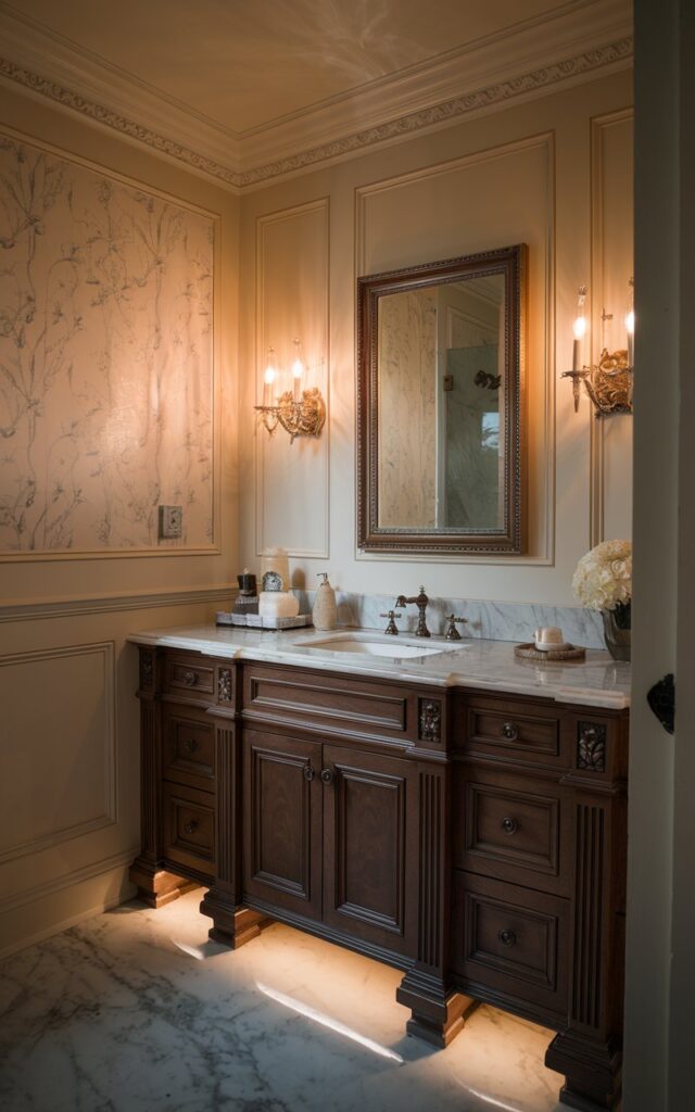 A photo of a traditional-style bathroom with limited natural light. The warm under-cabinet lighting softly illuminates the marble vanity countertop, highlighting the rich veining in the marble. The cabinetry is classic dark cherry wood with ornate molding, and the walls are paneled in off-white with a subtle floral motif. A framed rectangular mirror reflects the warm light. Vintage bronze fixtures and a pair of wall sconces provide additional ambient glow. The overall atmosphere feels cozy, timeless, and subtly luxurious.