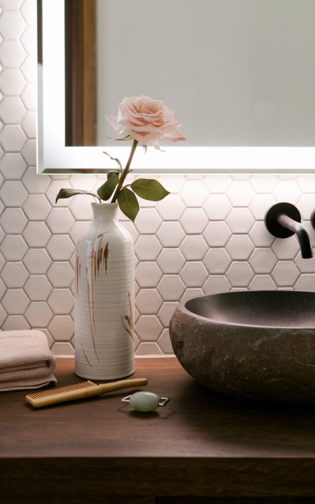 A photo of an Asia Zen-style bathroom vanity with a smooth, dark wood counter and a matte stone vessel sink. A single blush pink rose stem stands gracefully in a tall, hand-painted porcelain vase with subtle brushstroke detailing. The vase sits slightly off-center, surrounded by minimal essentials: a folded face towel, a bamboo comb, and a small jade roller. The backsplash features a hexagon tiled wall with LED backlit mirror.