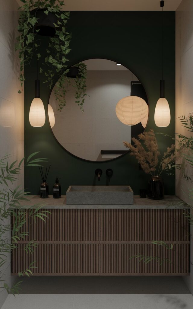 A photo of a tranquil bathroom blending Asia Zen and Japandi aesthetics. There is a deep forest green accent wall with pendant lights (warm light on) on either side behind a minimalist wooden vanity. The vanity has a smooth stone countertop and black matte fixtures. There is a large round mirror that reflects soft natural light from a paper-shaded pendant lamp. The room also has indoor plants like bamboo and trailing ivy. The overall space is grounded in quiet richness and evokes serenity with a modern, meditative edge.