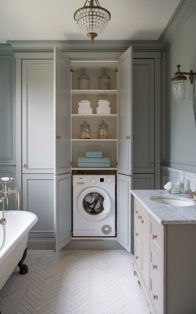 A photo of a transitional ensuite bathroom with a hidden laundry nook. The bathroom has clean lines with elegant Victorian details. The concealed laundry area is tucked behind tall custom cabinetry that mimics classic built-ins, painted in soft dove gray with ornate brass knobs. Inside, a compact washer-dryer stack is flanked by shelves holding neatly folded towels and vintage glass jars. The bathroom features a clawfoot tub, a pedestal sink with gold cross-handle faucets, and a marble-topped vanity with subtle molding. Herringbone tile flooring, a crystal pendant light, and wainscoting add old-world charm to the clean, modern layout. Natural light is subtle.