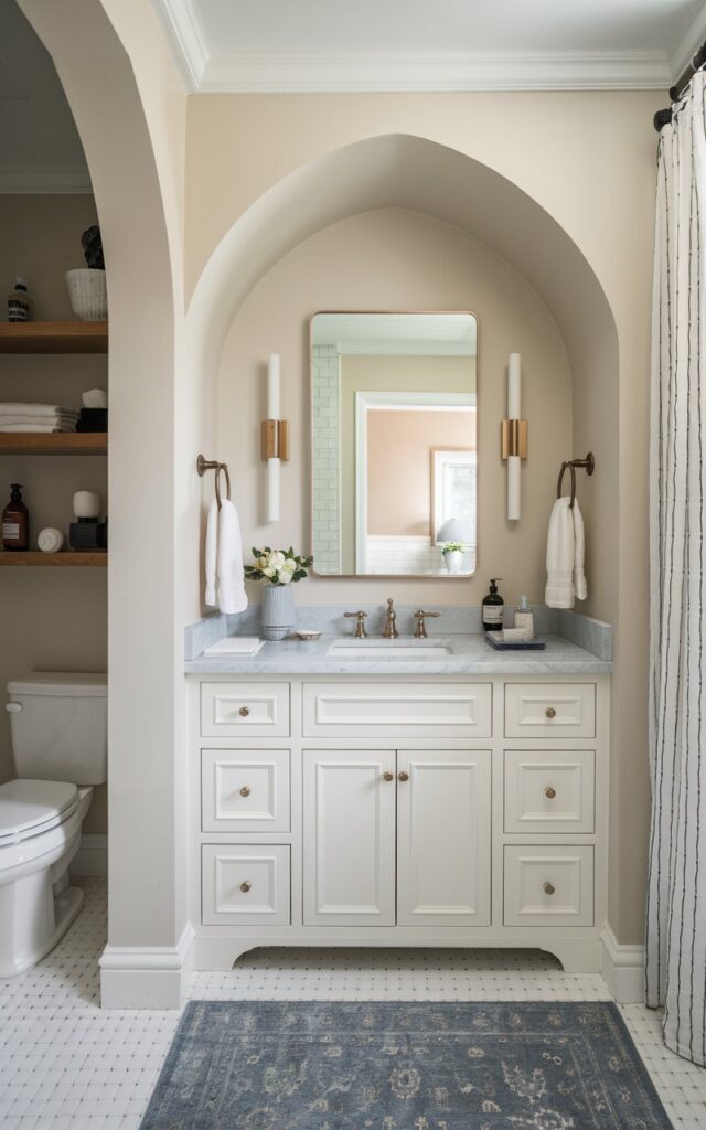 A photo of a transitional ensuite bathroom with a vanity cleverly tucked into a recessed niche to save space without sacrificing storage. The niche features clean architectural lines, painted in a soft neutral shade. The vanity is custom-fit with shaker-style cabinetry, topped with a marble or quartz surface, and paired with a classic undermount sink. Above it, a framed mirror is flanked by slim sconces, while floating wood shelves above or beside the vanity provide extra storage for towels, bottles, and décor. The rest of the bathroom includes a toilet, a shower area, a floor rug, and a curtained window.