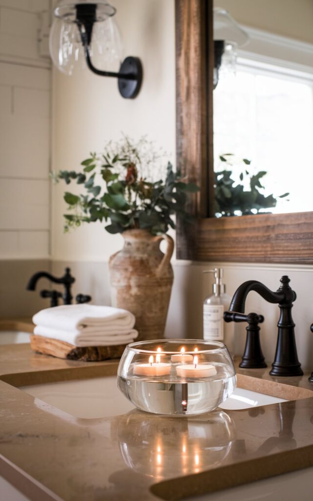 A photo of a transitional farmhouse bathroom counter with a blend of classic elegance and rustic charm. At the center, a shallow clear glass bowl holds two softly flickering tea lights floating in water. The counter is a warm-toned quartz or marble, paired with a wood-framed mirror and matte black fixtures. Beside the bowl, a small stack of white linen hand towels, a weathered clay vase with fresh greenery, and a soap dispenser in brushed brass bring balance and texture. Soft overhead lighting creates a cozy glow, blending refined and homey elements seamlessly.