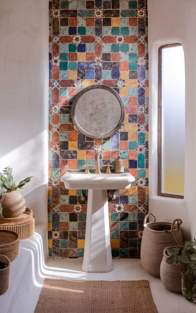 A photo of a full bathroom centered around a feature wall covered in colorful Moroccan tiles in intricate geometric and floral patterns—rich blues, warm terracottas, sunny yellows, and emerald greens. The tiled wall stands behind a minimalist white pedestal sink with brass fixtures and a round vintage mirror. The rest of the bathroom remains neutral with white plaster walls and warm wood accents to let the tile wall shine. Earthy decor elements like a jute rug, woven baskets, and potted greenery enhance the artisanal, eclectic charm. Soft natural light filters through a frosted window, casting gentle shadows on the patterned surface. The space feels bohemian, soulful, and globally inspired.
