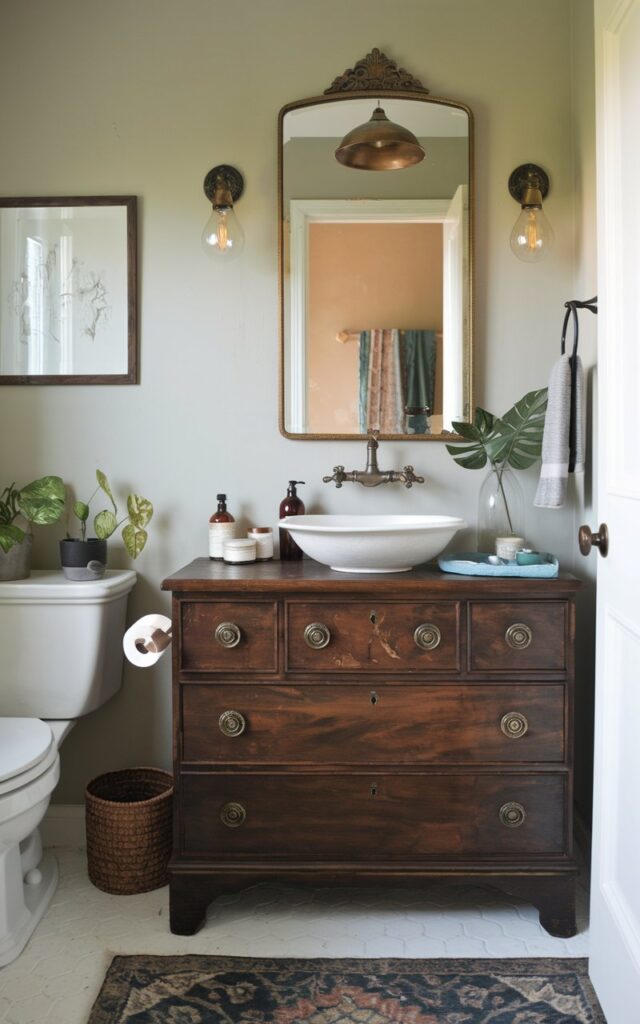 A photo of a vintage bathroom with a repurposed antique dresser transformed into a charming sink vanity. The dresser retains its original wood grain finish—distressed white, muted teal, or deep cherry—with brass knobs. A porcelain vessel sink sits neatly on top, paired with a vintage-style faucet in oil-rubbed bronze. The drawers are modified for plumbing but still offer functional storage, while a gilded mirror hangs above. The vanity has essential items, jars, plants, etc. The bathroom also has a toilet, floor rug, warm hanging pendant light, etc.