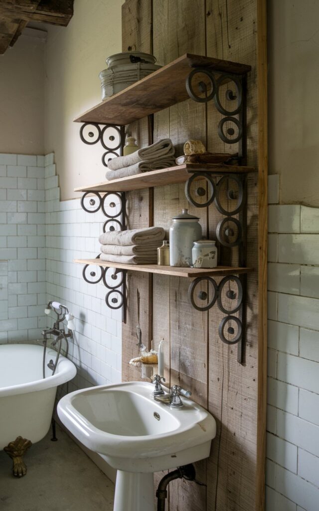 A photo of a vintage bathroom with a rustic wooden wall shelf mounted with ornate, cast-iron brackets. The weathered, natural finish of the wood adds warmth and texture to the space. The brackets have intricate scrollwork, giving the shelf a collected-over-time feel. The shelf holds folded linen towels, enamel jars, and small antique finds, blending practical storage with thoughtful, old-world style. The bathroom has a pedestal sink and a clawfoot tub. The overall ambiance of the photo is rustic and vintage.