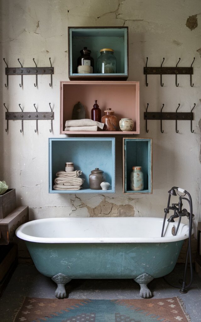 A photo of a vintage bathroom with a clawfoot tub. There's an asymmetrical wall display of 3-4 stacked open box shelves in varying sizes and distressed finishes. The boxes contain old apothecary jars, folded linen towels, and ceramic trinkets. There are iron hooks on the wall. The floor has a faded kilim rug. The backdrop is a rough plaster wall.
