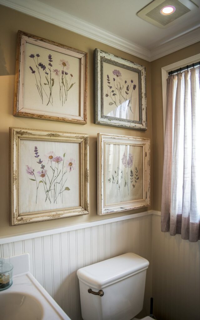 A photo of a vintage bathroom with a white vanity, a toilet, and a beadboard wall. Above the beadboard wall, there are two antique-style frames with soft gold, weathered wood, or chipped white finishes. Within the frames are delicate pressed flower artworks of lavender, wild daisies, or tiny roses. The flowers have a gentle fade, adding a soft romantic charm. The frames are arranged in a casual cluster. There is a curtained window nearby, allowing light to catch the frames. The ceiling has a recessed light with LED lights.