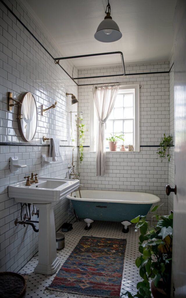 A photo of a vintage bathroom with crisp white subway tiles lining the walls in a classic brick pattern. The dark charcoal grout contrasts the tiles. The tiles stretch from the floor to the ceiling. Aged brass fixtures, a pedestal sink, and a clawfoot tub are present. The bathroom has a curtained window, a floor rug, a ceiling pendant light, and a few plants. The natural light is soft and ambient.