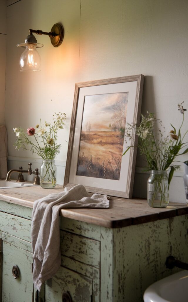 A photo of a vintage farmhouse bathroom with a distressed wooden vanity counter. On the counter, there's a framed art piece of a rustic landscape. The artwork is casually leaned against the wall. Soft, warm lighting from an antique-style wall sconce highlights the muted colors of the artwork. The bathroom also features mason jar vases with fresh wildflowers, a linen hand towel draped nearby, and vintage brass fixtures.