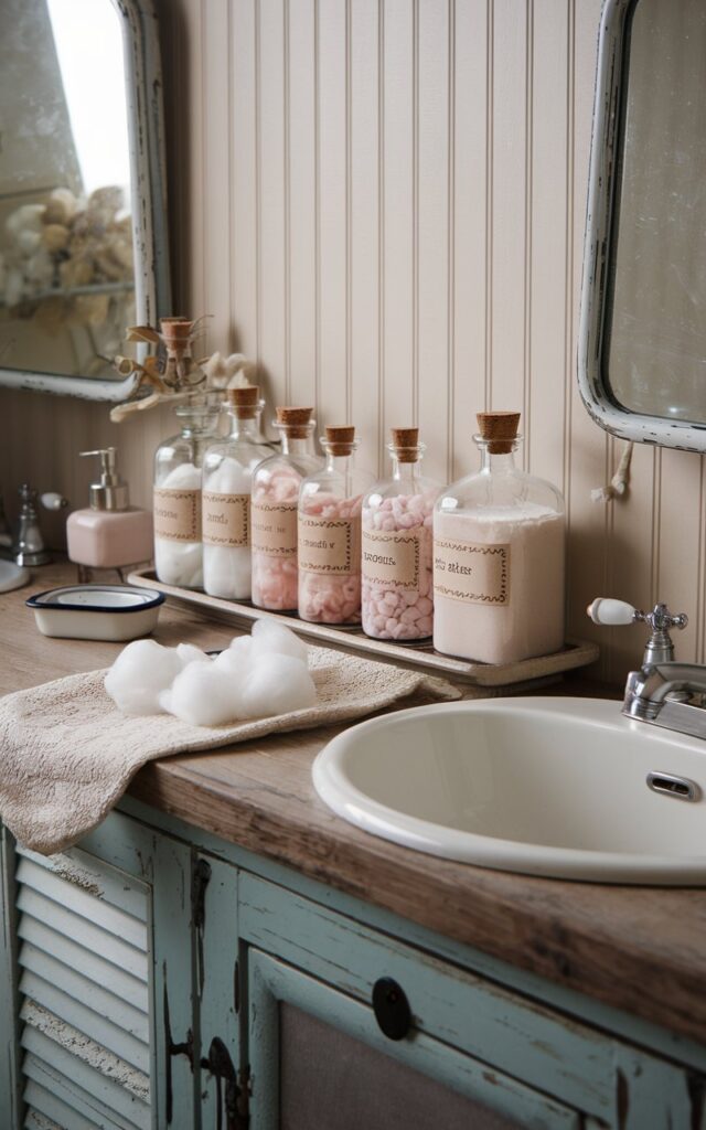 A vintage farmhouse-style bathroom counter with a reclaimed wood vanity and white porcelain sink, set against a beadboard backdrop. Along the back edge of the counter, 3–4 apothecary-style glass bottles are neatly lined up—each filled with bathroom staples like fluffy cotton balls, rose-tinted bath salts, and a pale herbal DIY toner. The bottles vary slightly in shape and size, some with cork tops, others with faded paper labels for an old-world touch. A lace-trimmed towel, enamel soap dish, and a weathered mirror complete the cozy, nostalgic vibe. The setup feels collected, charming, and lovingly lived-in. Natural light is soft, ambient.