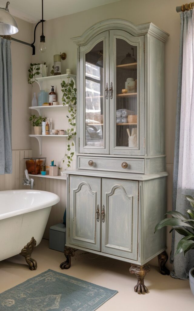 A photo of a vintage-inspired bathroom with a standalone cabinet upgraded with ornate claw-style feet in aged brass. The cabinet has a weathered finish, perhaps soft sage, ivory, or distressed navy, and features glass-paneled doors and antique-style knobs. It is placed beside a clawfoot tub. The bathroom also has a curtained window, open shelves with essentials, a floor rug, a pendant light, and a few plants.