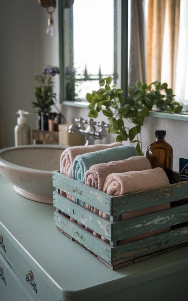 A photo of a vintage-inspired bathroom with a weathered wooden crate. The crate contains neatly rolled pastel towels, an amber bottle, and a plant. The crate sits on a vanity with a porcelain vessel sink and other essential items. The room has a natural light source, casting a soft ambient glow.