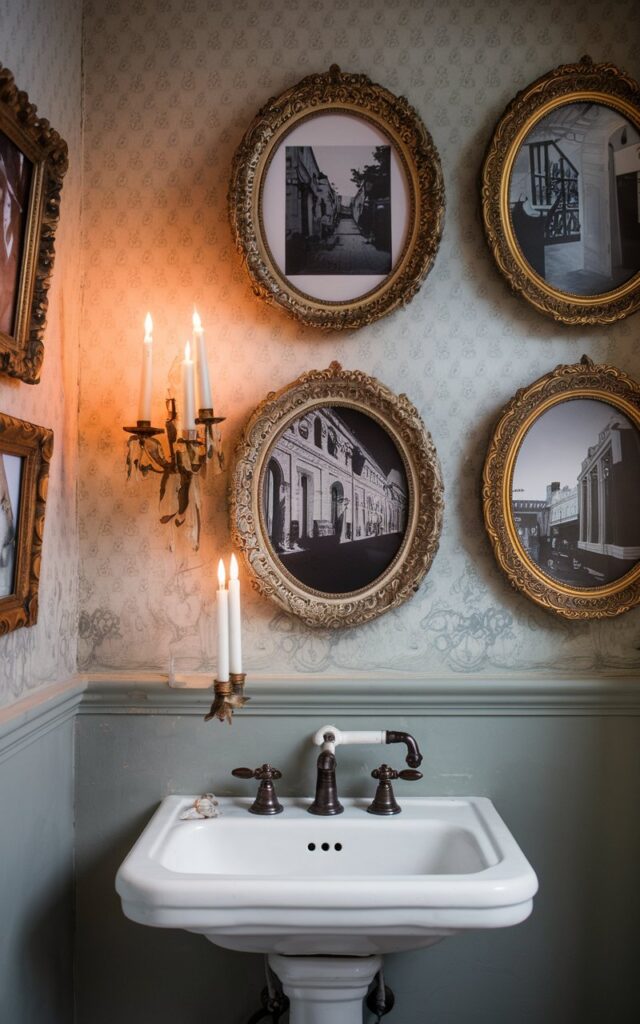 A vintage-inspired bathroom with 2-3 black-and-white photographs elegantly framed in ornate baroque-style frames. The frames, in aged gold and antique bronze finishes, are arranged gallery-style on a softly patterned wallpaper or muted painted wall. The photos—portraits, architecture, or nostalgic street scenes—add a touch of storytelling and old-world glamour. Below the frames, a pedestal sink or vintage vanity adds depth to the scene, while a flickering candle or frosted sconce casts a warm glow that highlights the carved details of the frames. The space feels artful, romantic, and steeped in quiet history.