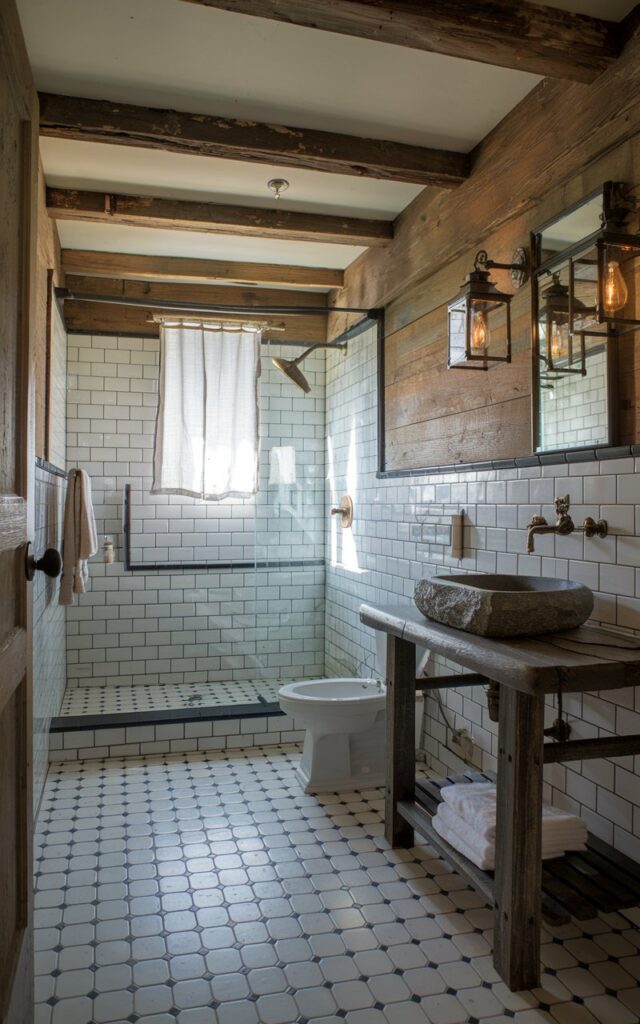 A vintage rustic bathroom with classic black-and-white checkerboard tile flooring. The tiles contrast beautifully with warm, weathered wood accents, such as a reclaimed wood wall, exposed ceiling beams, and a rustic vanity with a stone sink. A cast-iron towel rack, antique lantern-style lighting, and aged brass fixtures add timeless character. Natural light streams in through a window with a simple linen curtain, highlighting the mix of rugged textures and old-world elegance. The bathroom has a shower area and a toilet.