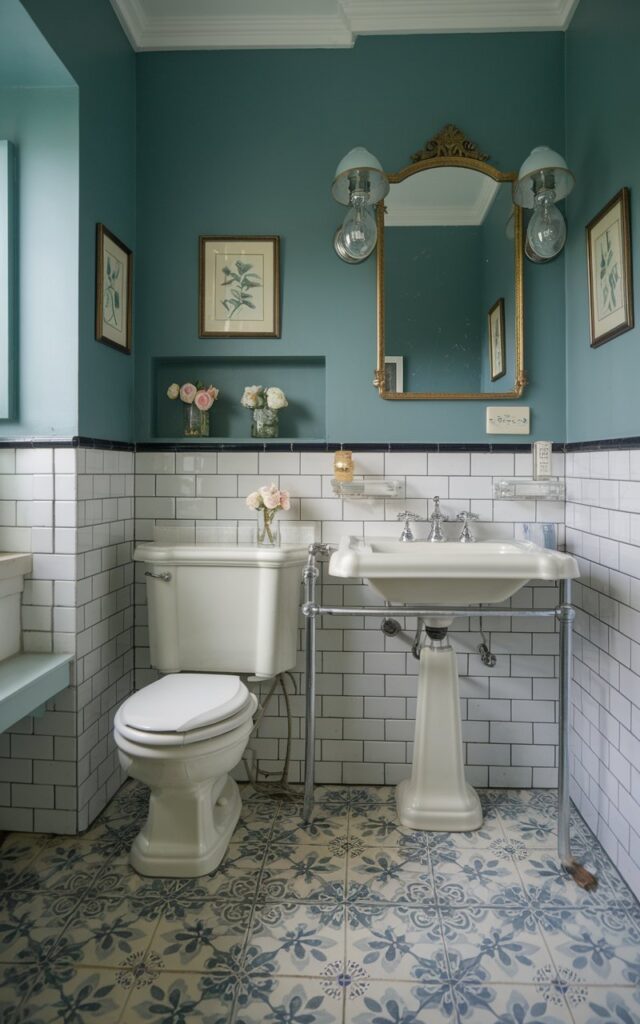 A photo of a vintage-style bathroom painted in muted teal. The room has a vintage vanity beneath an antique gold mirror, white subway tiles with dark grout, polished chrome fixtures, and a porcelain pedestal sink. There are patterned floor tiles and soft, embroidered linens. Framed botanical prints and a small vase of garden roses are placed on a shelf. The room has a calm, classic, and retro charm.