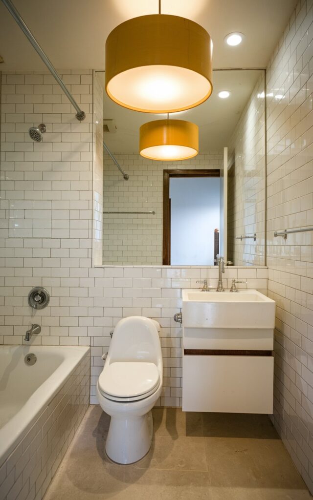 A photo of a mid-century modern bathroom with a recessed lighting from a retro drum pendant in a mustard color. The bathroom has a toilet, a sink with a faucet, and a bathtub. The walls are covered in white tiles. There is a white cabinet below the sink. The floor is covered in beige tiles.
