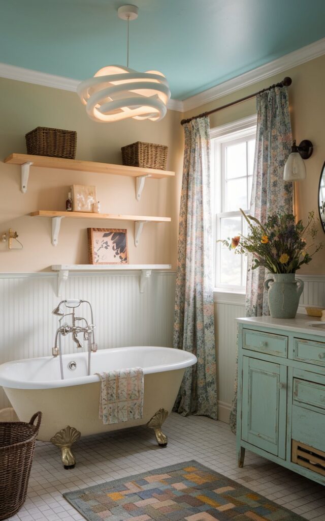 A photo of a cottagecore bathroom with a soft sky blue ceiling and a warm white wall with beadboard detailing. There is a clawfoot tub with a sculptural pendant light shaped like a swirling cloud above it. The walls are adorned with floral-patterned curtains, wicker baskets, pale wood shelves, a patterned floor rug, a distressed vanity, and a ceramic vase filled with wildflowers. The overall ambiance is whimsical and modern.