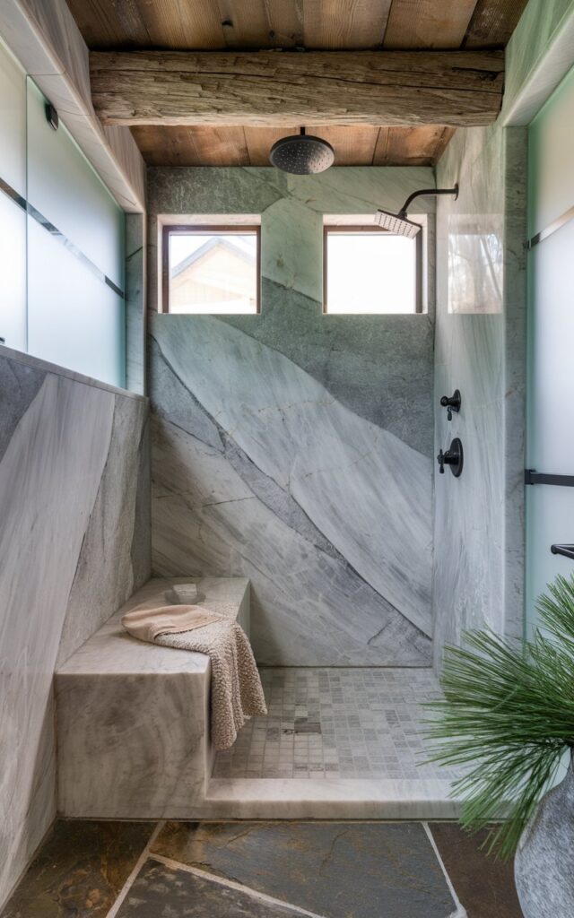 A photo of an Alpine chic bathroom with a walk-in shower made of honed gray marble with soft white veining. The shower has a built-in bench carved from the same slab of marble. The walls of the shower are also made of the same stone. The room has rustic wood ceiling beams, frosted glass windows, and natural slate flooring. There is a matte black rain shower head and a few matte black fixtures in the room. A soft woolen towel is draped over the bench, and there is pine greenery in a stone vase. The overall vibe is crisp, cozy, and spa-level serene.