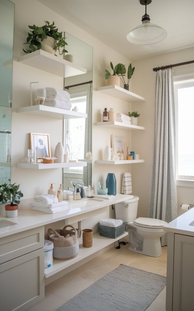 A photo of an Americana and coastal style fully furnished bathroom. The bathroom features tall, sleek floating shelves that go up to the ceiling, maximizing the vertical space. The shelves have essential items, toiletries, decor, plants, and trinkets. There is a vanity, a toilet, a floor rug, a ceiling pendant light, and a curtained window in the bathroom. The overall room has a light colour scheme, with white walls and beige flooring.