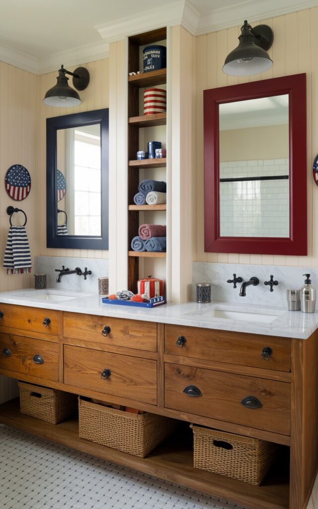 A photo of an Americana-style ensuite bathroom with his-and-hers sinks. The vanity is made of warm, stained wood and is divided into two symmetrical sections. Each side has a rectangular framed mirror—one in navy blue, the other in deep red. Matte black faucets and wall-mounted industrial sconces are also present. There is a built-in shelving tower between the sinks that holds rolled towels, tin containers, and small patriotic decor. The walls are made of beadboard and the floor is covered with checkerboard tile.