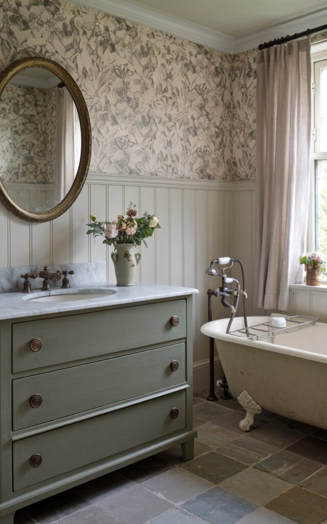 A photo of an English countryside bathroom with a honed marble countertop in a soft, matte finish with gentle gray veining. The vanity is painted in a muted sage green with antique brass knobs, topped with the understated marble for a refined yet lived-in feel. Above it hangs an aged brass-framed oval mirror with subtle patina. White paneled walls and vintage floral wallpaper offer warmth and character. A ceramic vase with fresh garden blooms sits near a traditional cross-handle faucet. The space includes checkered stone flooring, a clawfoot tub in cream, and a window dressed with light cotton drapery, letting in soft natural light. The overall mood is timeless, quiet, and elegant.
