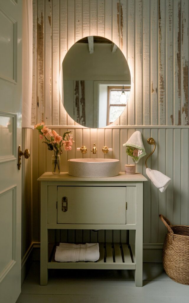 A photo of an English countryside bathroom with a charming blend of tradition and subtle modernity. The bathroom features a classic oval mirror gently framed with soft LED backlighting. The mirror hangs above a ceramic basin set into a simple wooden vanity painted in muted sage or soft cream. The LED lighting casts a warm, ambient glow that highlights the rustic textures of the beadboard wall behind it. Brass or antique-style fixtures complement the vintage feel, while fresh-cut flowers in a small vase and a woven basket nearby maintain the countryside charm. The overall look is cozy, timeless, and softly illuminated with a minimal, refined touch.