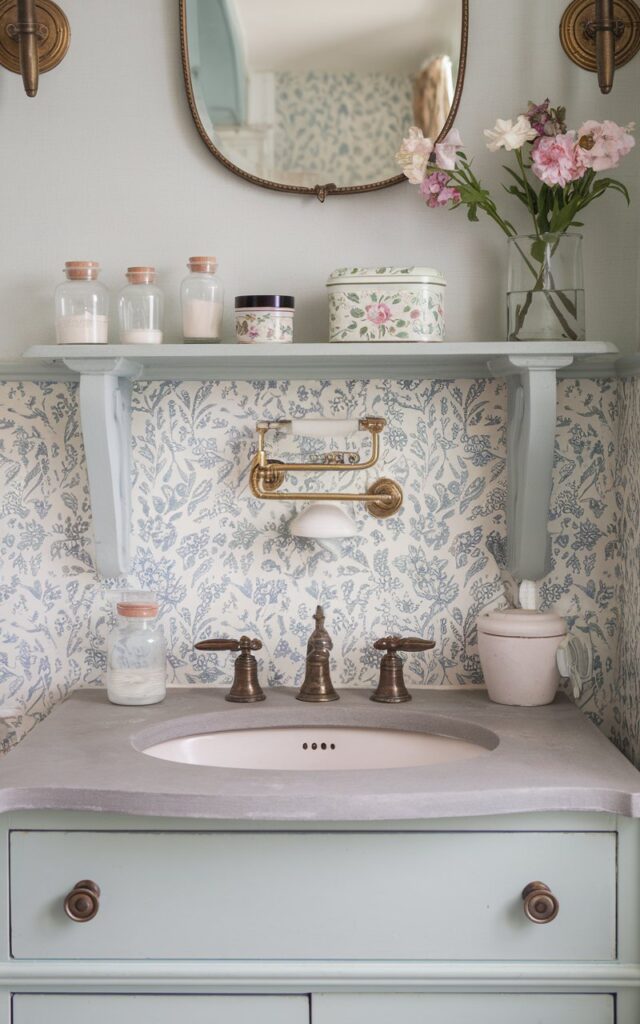 A photo of an English countryside bathroom with a charming, classic vanity topped by a soapstone counter and a floral ceramic backsplash. Just above the backsplash sits a slim painted wood shelf, matching the soft pale blue tones of the room. It's adorned with small glass jars, a floral hand cream tin, and a bud vase with fresh-cut garden flowers. The wall behind features soft wallpaper. Antique brass fixtures, a vintage gilded mirror, and soft natural light add to the cozy, collected feel that defines this timeless countryside aesthetic.