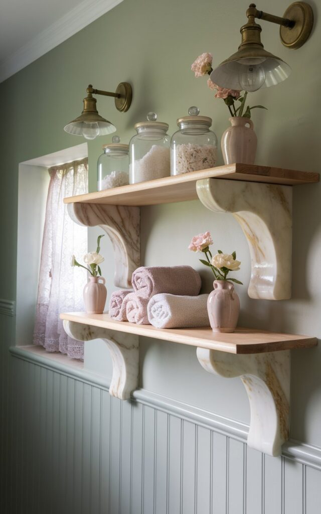 A photo of an English countryside bathroom with a soft vintage charm. There is a floating wooden shelf supported by elegant marble brackets. The shelf is crafted from light oak or reclaimed pine and displays glass jars with bath salts, hand-rolled towels, and dainty ceramic vases with garden blooms. The marble brackets have a soft golden vein and add a refined touch to the otherwise rustic styling. The walls are painted a gentle sage and have beadboard wainscoting below. There is a lace curtain near a small window, and antique brass sconces cast a cozy glow over the room.