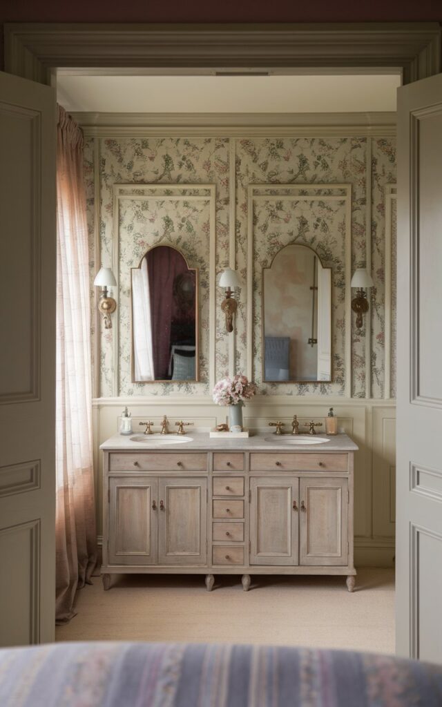 A photo of an English countryside ensuite bathroom viewed from the bedroom. The bathroom has a traditional double vanity in painted wood, with two antique-style mirrors and brass sconces. The wall behind the vanity features delicate floral wallpaper in soft sage, dusty rose, or muted blue tones, framed by classic white panel molding. The rest of the bathroom walls are painted in a calming off-white or warm stone hue. The bedroom has a wide arched doorway, and the bathroom is softly lit by natural morning light filtering through sheer curtains.