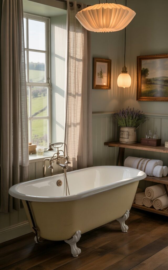 A photograph of a freestanding clawfoot tub bathed in soft morning light within a charming English countryside bathroom. The tub, painted a gentle cream color, is positioned near a large window draped with light linen curtains, revealing a glimpse of rolling green hills beyond. Walls are painted a muted sage green with subtle wainscoting, accented by rustic wooden shelves holding rolled towels and a ceramic jug overflowing with lavender. Warm, diffused light from the sculptural pendant lamp overhead casts a serene glow across the room, highlighting the vintage brass fixtures and a framed painting of a pastoral landscape.