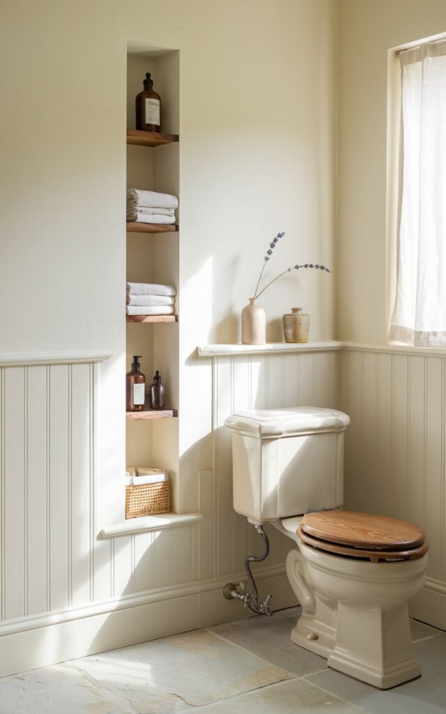 A photo of an English countryside-inspired minimalistic bathroom with a slim vertical storage niche beside a traditional-style toilet. The niche has open shelves holding neatly folded linen hand towels, a small wicker basket, and vintage apothecary bottles. The toilet has a classic shape with a wooden seat in natural oak. The wall is a soft cream color and features beadboard paneling below the niche. The flooring is pale stone or aged-look tile. Natural light filters in through a window with a simple white curtain, casting soft shadows. A sprig of dried lavender rests in a small ceramic vase on a shelf, adding a touch of rustic charm to the functional minimalism of the space.