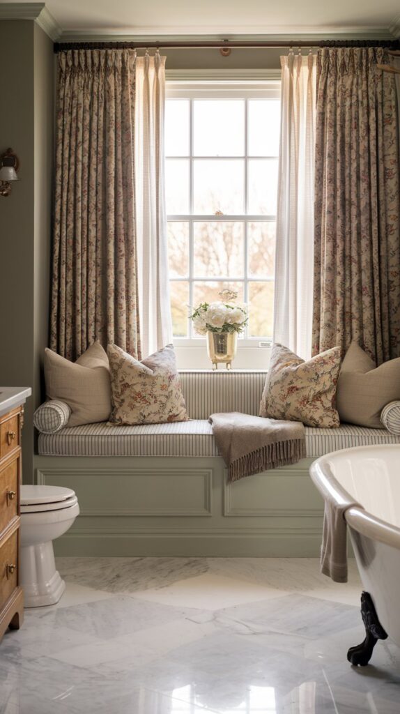 A photo of an English countryside luxe ensuite bathroom with a built-in bench beneath a wide window. The bench is custom-made with soft wainscoting details, painted in a muted heritage hue like dusty sage. Cushions in floral chintz or ticking stripe fabric, along with a wool throw, make the seat irresistibly cozy. The window is framed by sheer curtains, gently filtering in the golden morning light. The bathroom features marble flooring, a freestanding clawfoot tub, a wooden vanity, a toilet, and antique brass fixtures. The vintage accents bring a refined, romantic, and utterly English atmosphere.