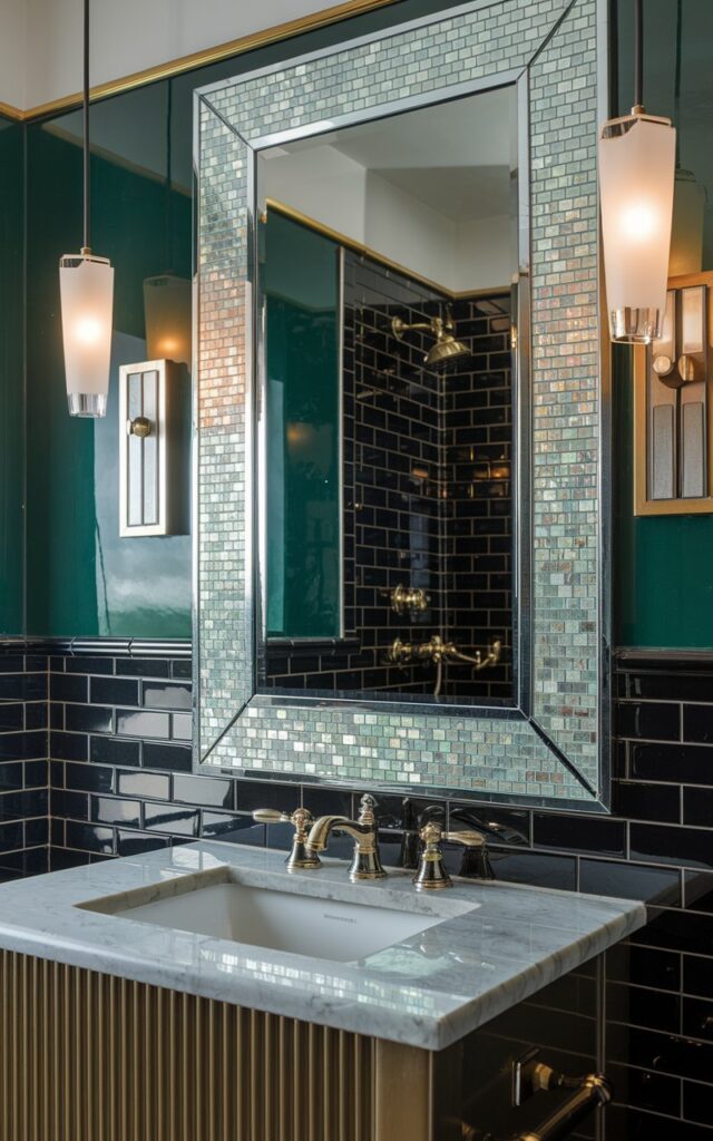 A photo of an art deco bathroom with a sleek rectangular mirror framed with tiny iridescent mosaic tiles that shimmer with shades of pearl, silver, and soft pastels. The frame's geometric pattern reflects the iconic art deco style with clean lines and symmetry. Surrounding the mirror, glossy black subway tiles contrast with rich emerald green walls and brass fixtures with bold, angular designs. A vintage-style vanity with fluted details and a marble countertop anchors the space. Simple Pendant lights with frosted glass shades hang overhead, completing the luxurious, polished art deco vibe.